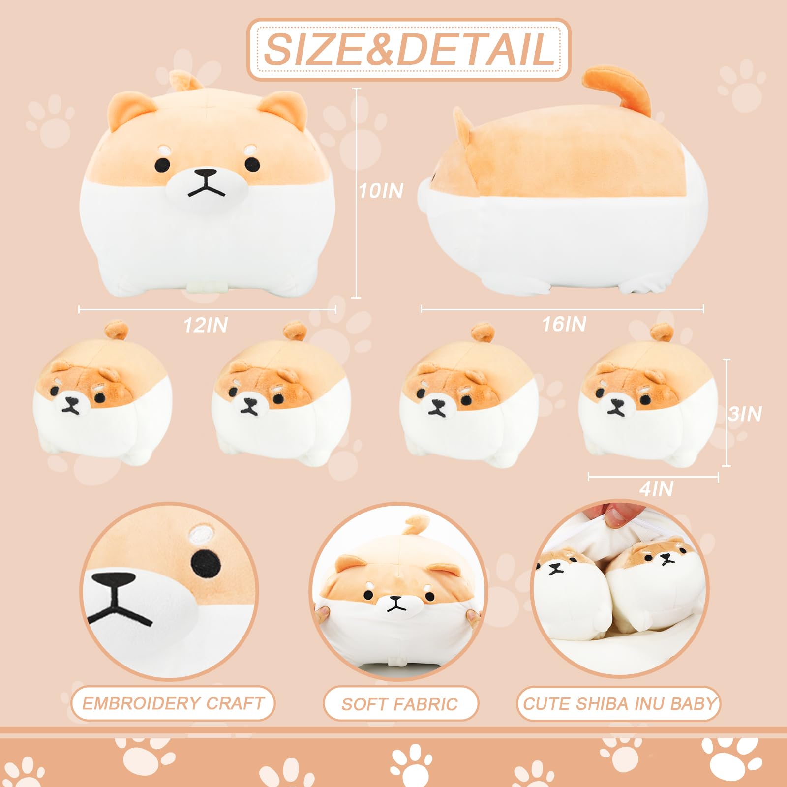 Atobaby Shiba Inu Plush Pillow 16 Inches With Four Babies In Mommys Belly, Super Soft Cartoon Dog Stuffed Animal Shiba Inu Plush