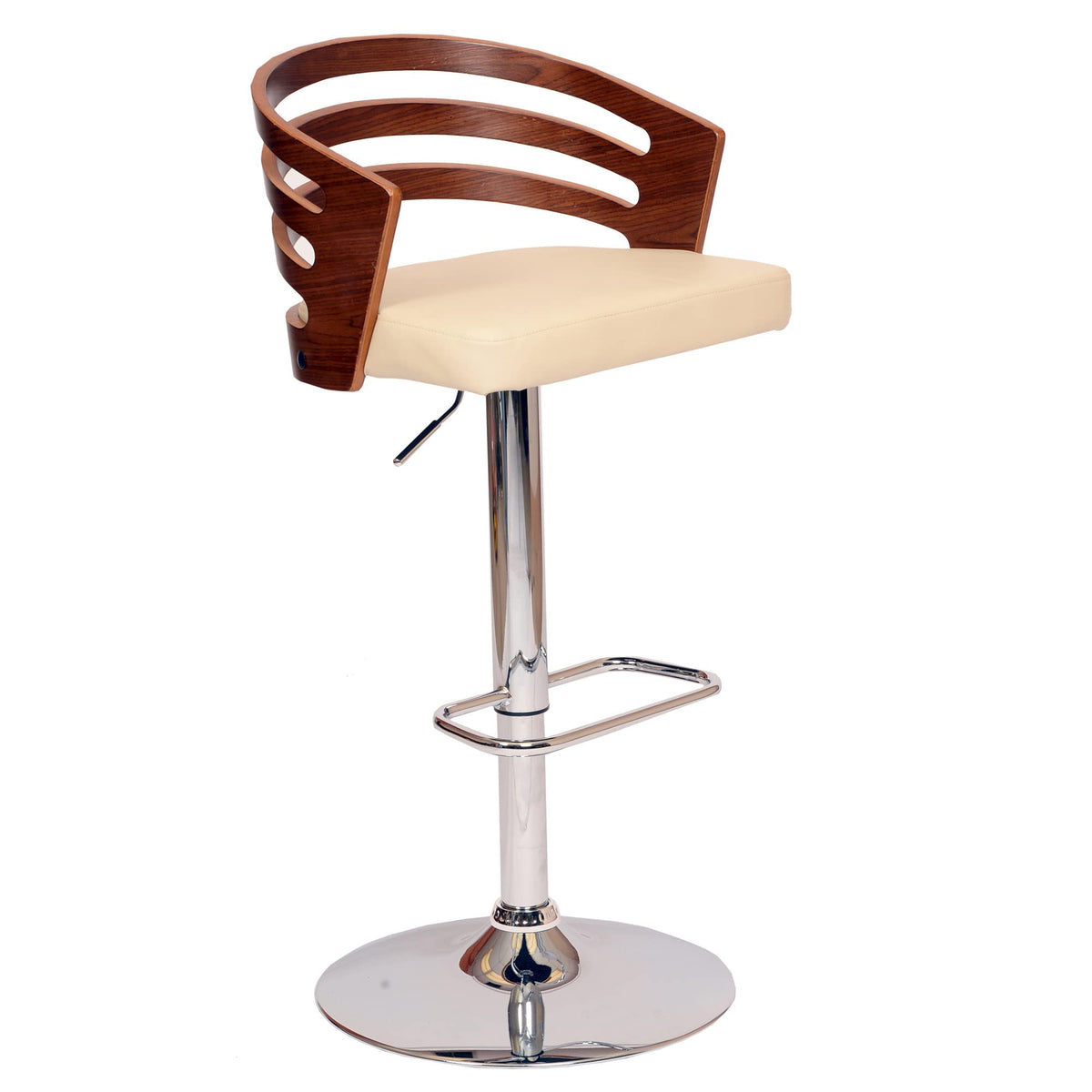 HomeRoots Chrome Metal, Walnut Vaneer, Leatherette Cream Faux Leather Walnut and Chrome Adjustable Swivel Bar Stool