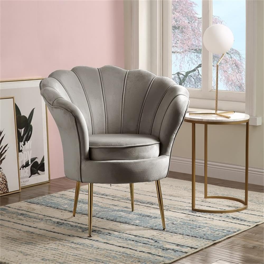 Lilola Home Angelina Gray Velvet Scalloped Back Barrel Accent Chair with Metal Legs