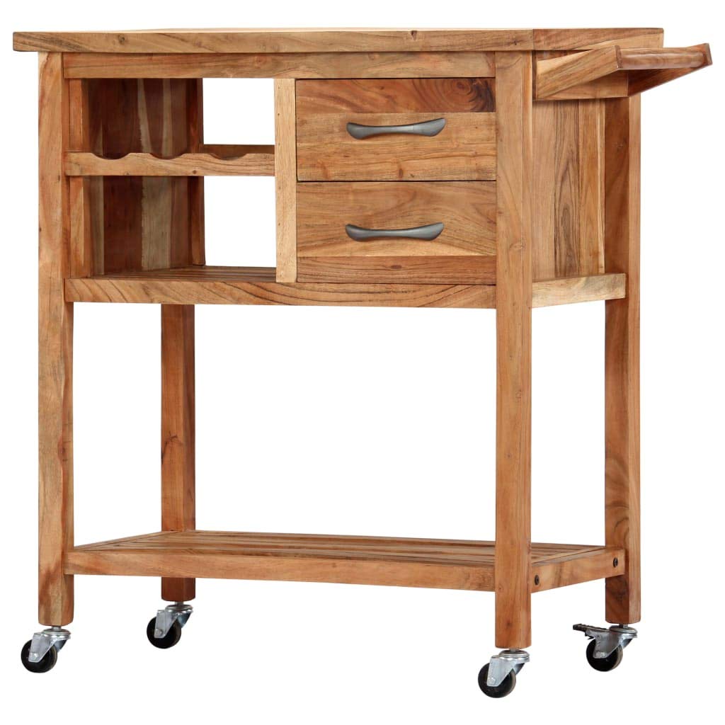 vidaXL Versatile Kitchen Trolley - Solid Acacia Wood Kitchen Cart with Storage Drawers and Shelves - Mobile Kitchen Island with Lockable Casters - Brown