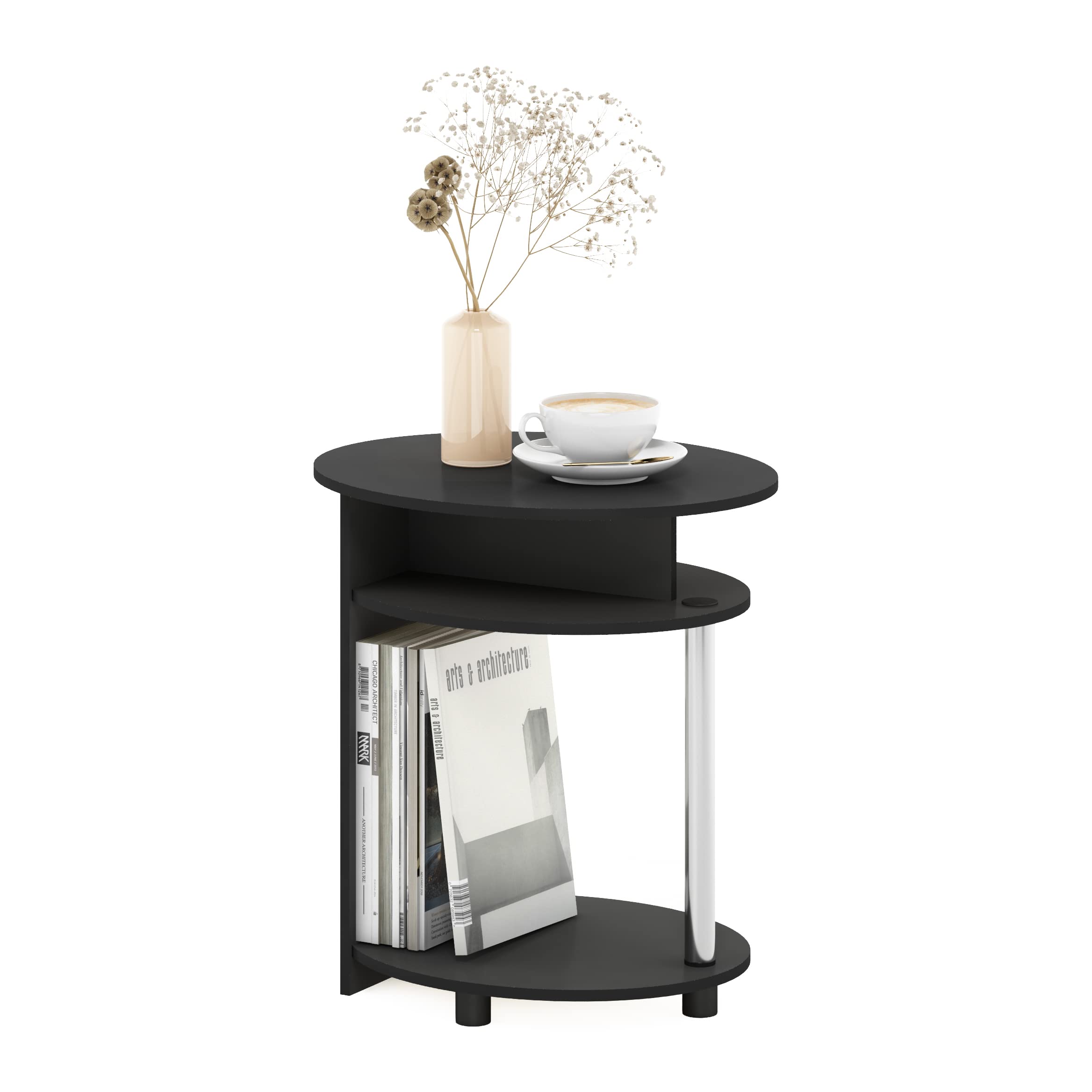 Furinno Jaya Simple Design Oval End Table With Bin, Americano/Chrome