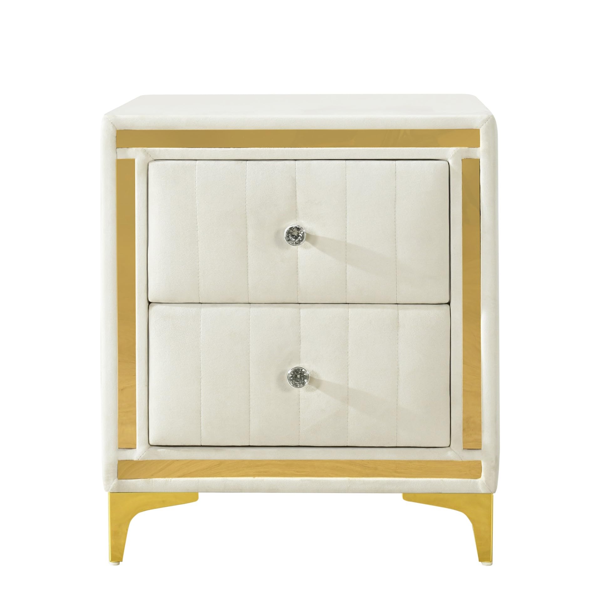 Monique Velvet Nightstand with Gold Legs and Gold Trim, Crystal knobs - Fully Assembled (Cream)