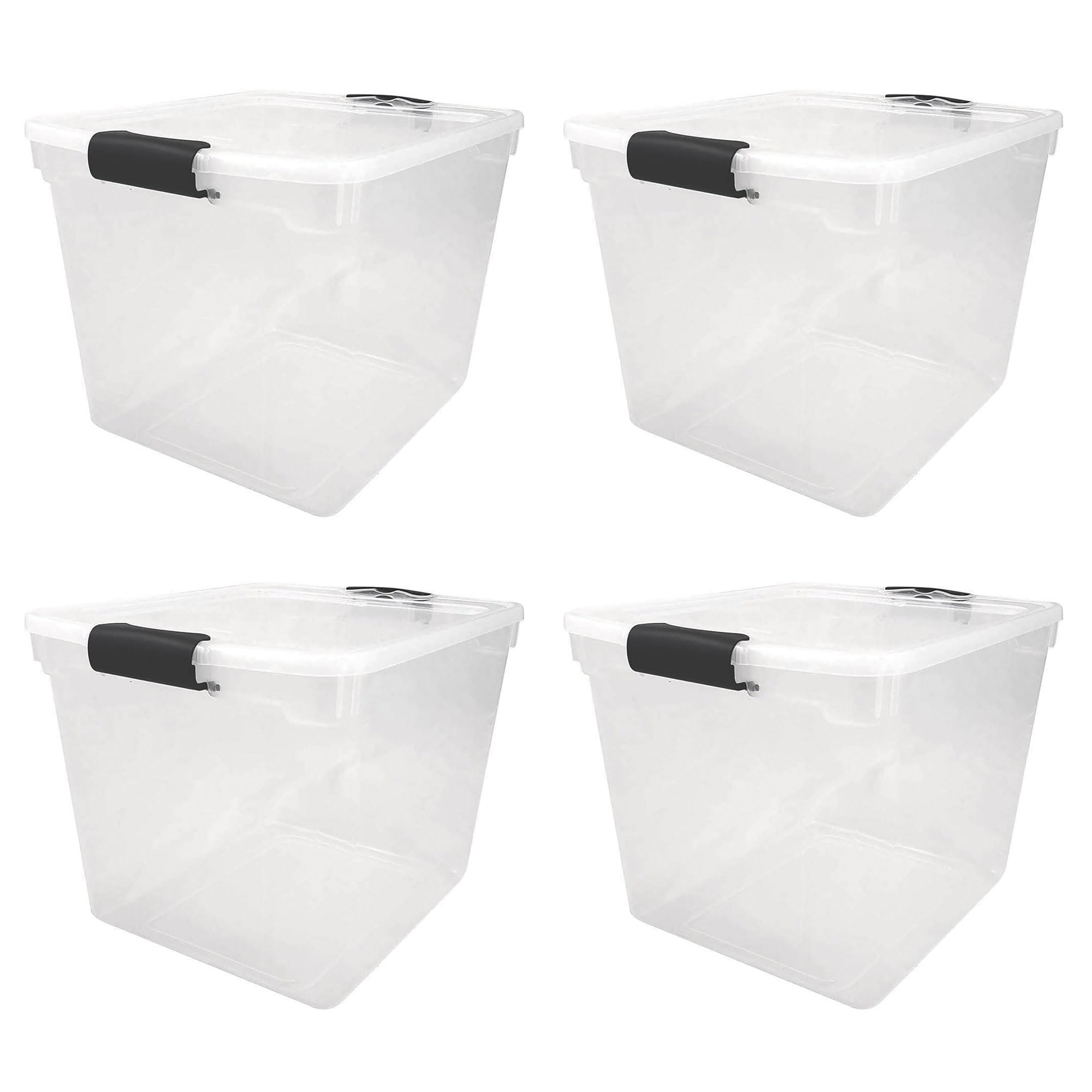 HOMZ 4 Pack Large Clear Plastic Storage Bins with Latching Lids, 31 Quart, Gray