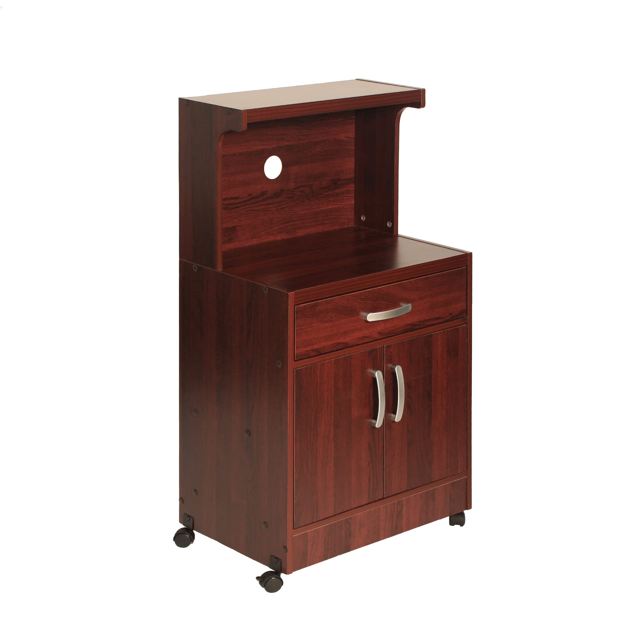 Shelby Kitchen Wooden Microwave Cart with One Drawer and Two Doors. Rolling Kitchen Cart (Mahogany) Easy Assembly