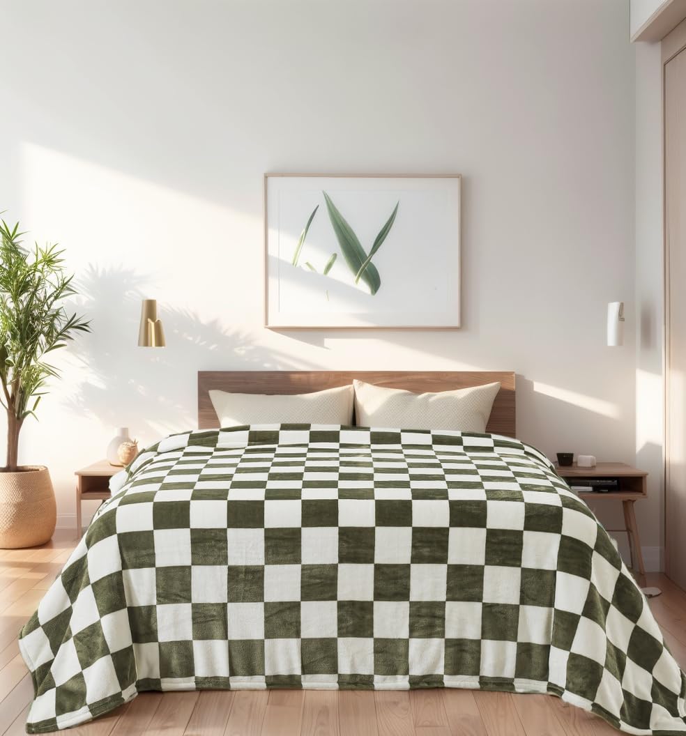 Checkered Twin Size Blanket,66X90 Inches Sage Green Microfiber Soft Cozy Fluffy Warm Hand Made Throw Blankets For Twin/Twin Xl E