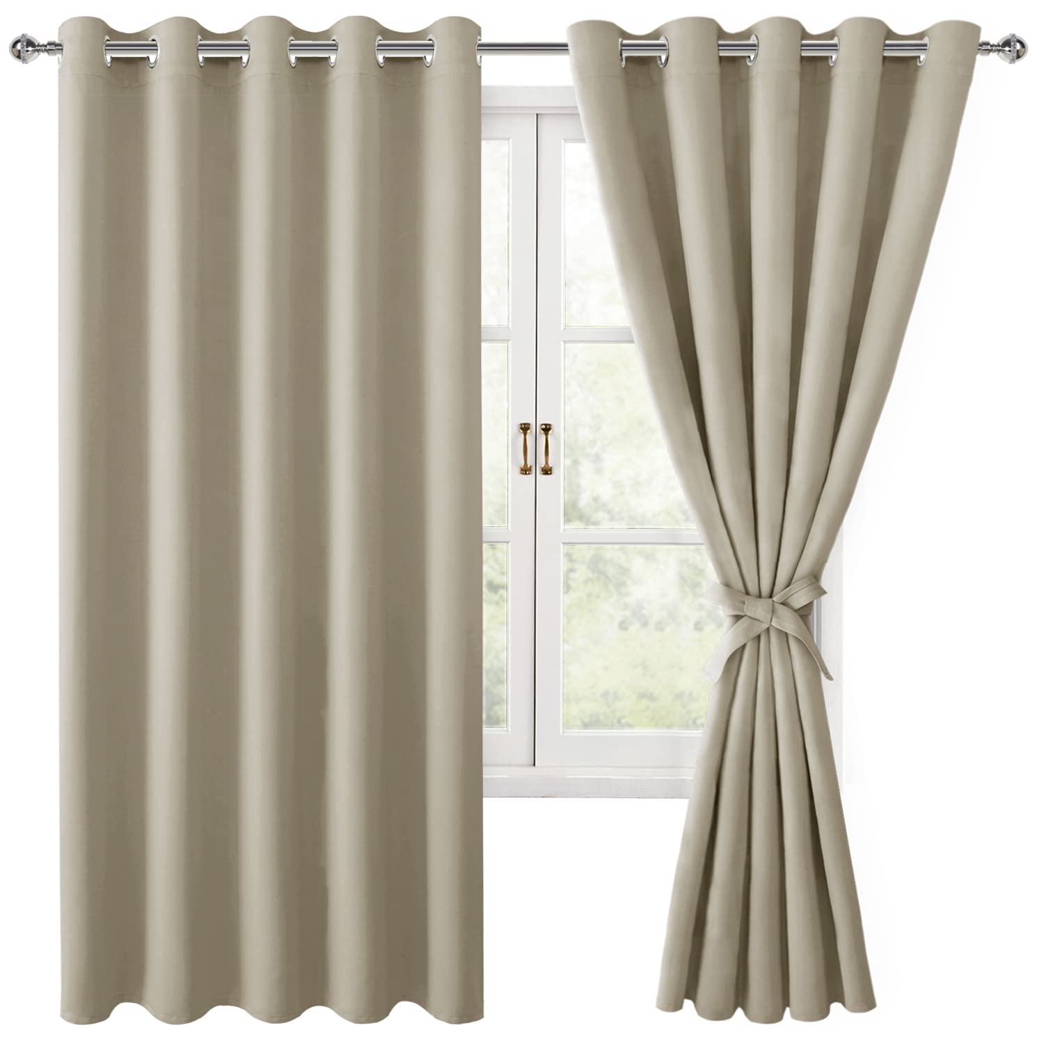 Hiasan Grommet Blackout Curtains For Bedroom, 60 X 72 Inches - Thermal Insulated & Light Blocking Window Drapes For Living Room/Dorm Room, Set Of 2 Panels Sewn With Tiebacks, Light Beige