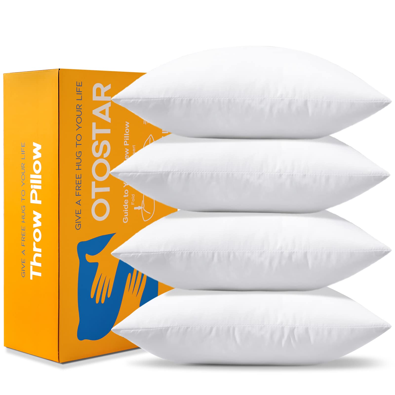 Otostar Pack Of 4 Throw Pillow Inserts, 20 X 20 Square Cushion Inner Soft Fluffy Plump Stuffer Cushion Pads White Decorative Pil