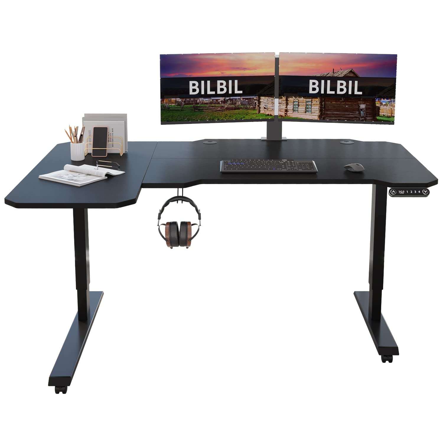 Bilbil L-Shaped Electric Height Adjustable Standing Desk 59 Inches, Stand Up Rising Table For Home Office With Splice Board, Black Frame And Top
