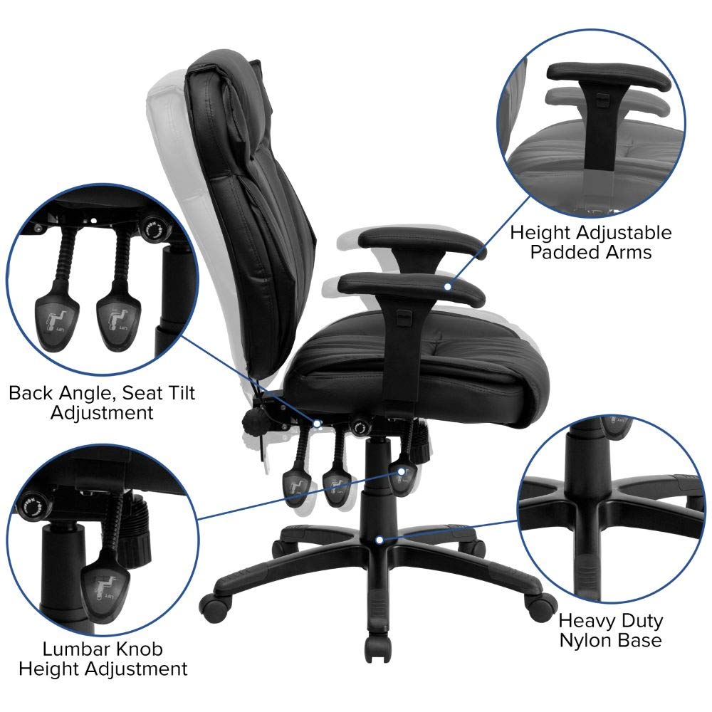 Flash Furniture Hansel High Back Black LeatherSoft Multifunction Executive Swivel Ergonomic Office Chair with Lumbar Support Knob with Arms