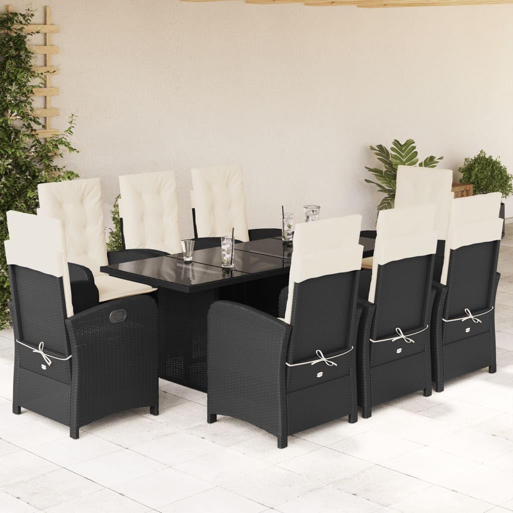 vidaXL 9-Piece Patio Dining Set with Cushions - Black Poly Rattan, Outdoor Furniture - Adjustable Reclining Chairs, Tempered Glass Tabletop