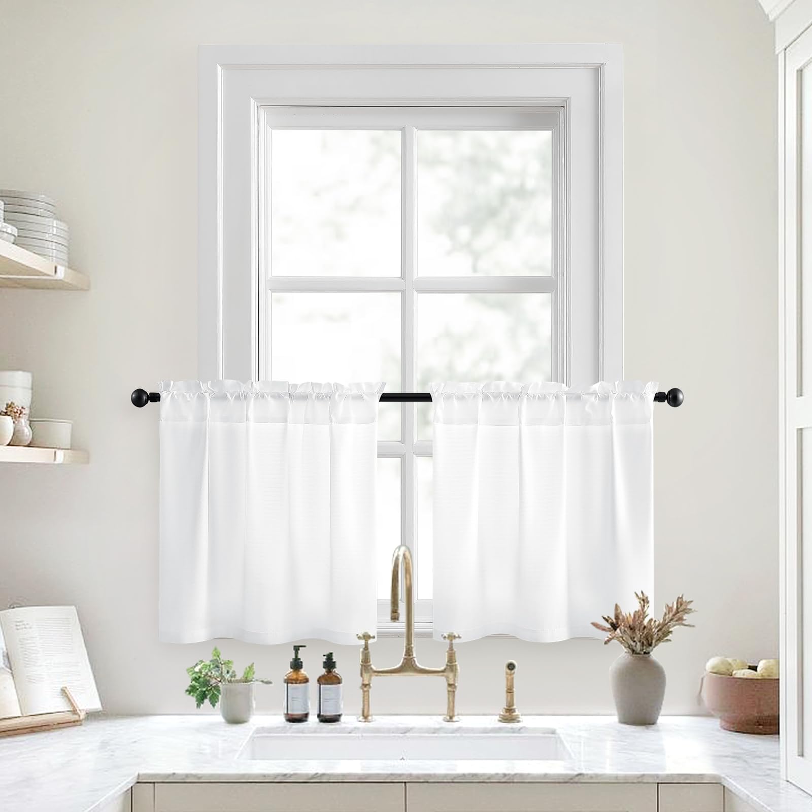 HOMEIDEAS White Kitchen Curtains 30 X 24 Inches 2 Panels Set Non-See-Through Privacy Semi Sheer Short Window Curtains Fish Bone 