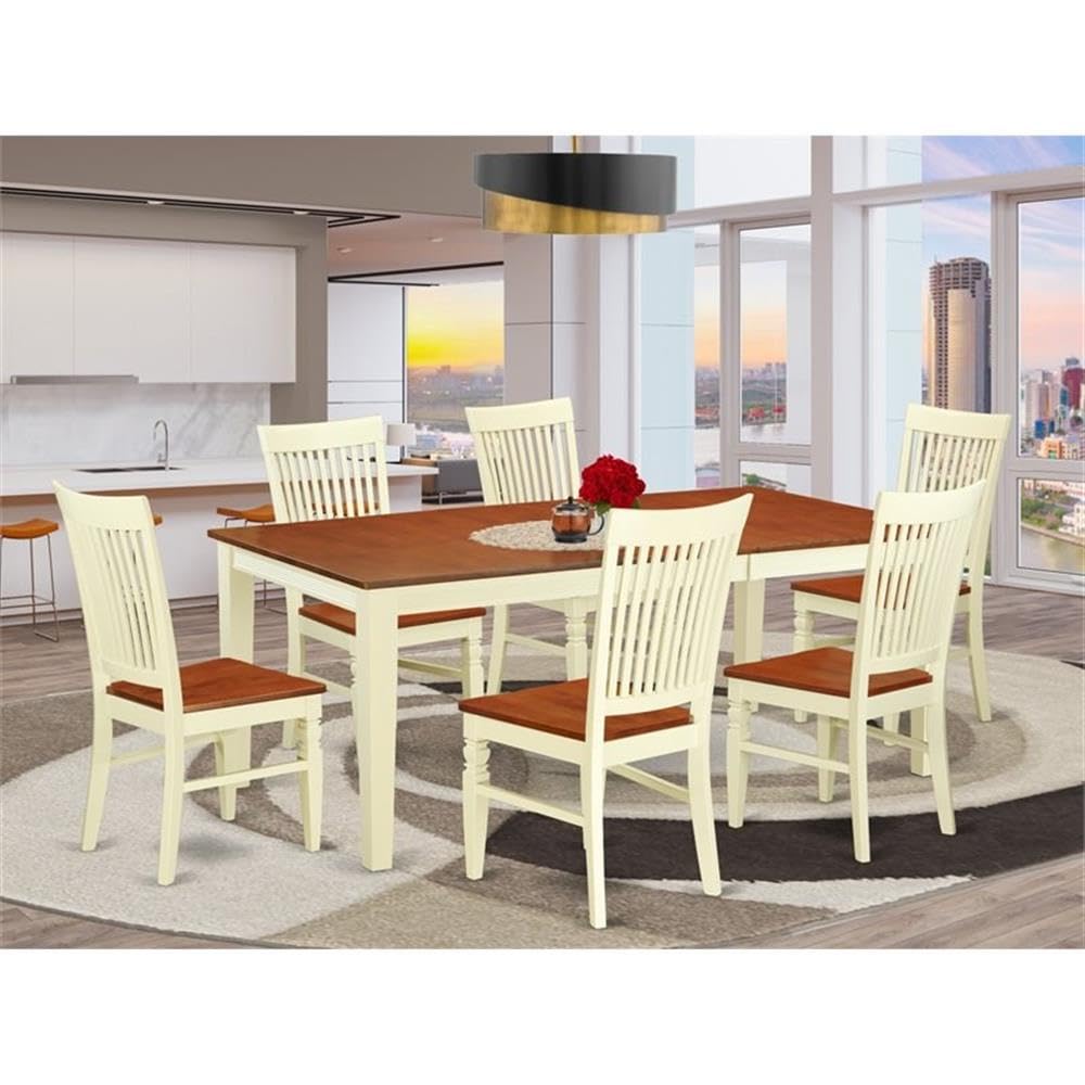 East West Furniture Quwe7-Bmk-W 7 Piece Modern Dining Table Set Consist Of A Rectangle Wooden Table With Butterfly Leaf And 6 Dining Room Chairs, 40X78 Inch, Buttermilk & Cherry