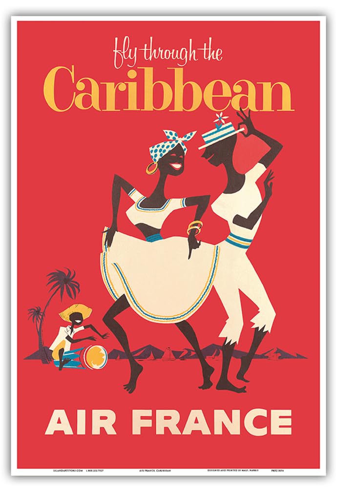 Fly through the Caribbean - France - Calypso Dancers and Conga Drummer - Vintage Airline Travel Poster c.1958 - Master Art Print