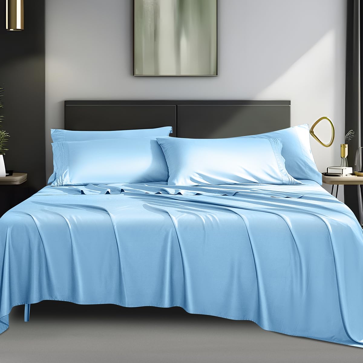 Shilucheng Bamboo 6-Piece King Size Bed Sheets Set 1800 Thread Count 16 Inch Deep Pockets Cool Eco Friendly Soft And Comfortable(King,Lake Blue)