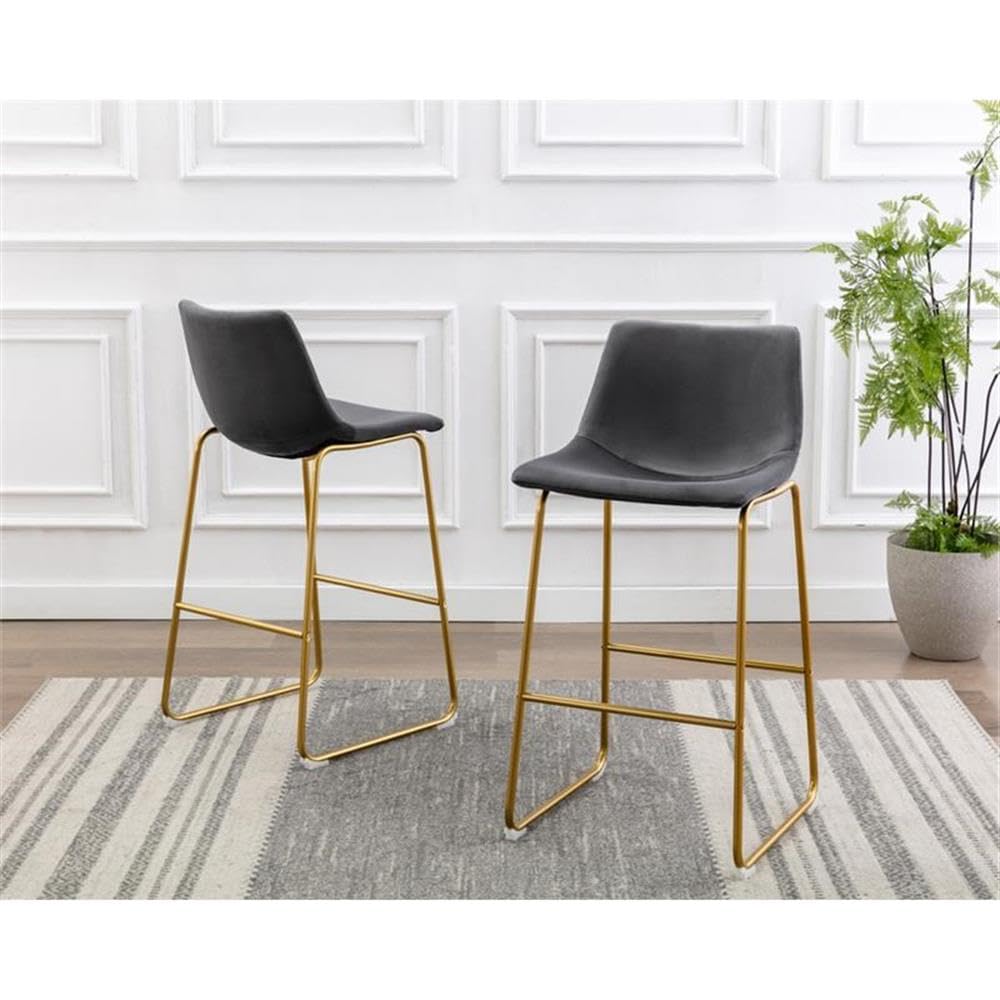 Best Quality Double Bar Stools in Gray Velvet with Gold Chrome Base (Set of 2)