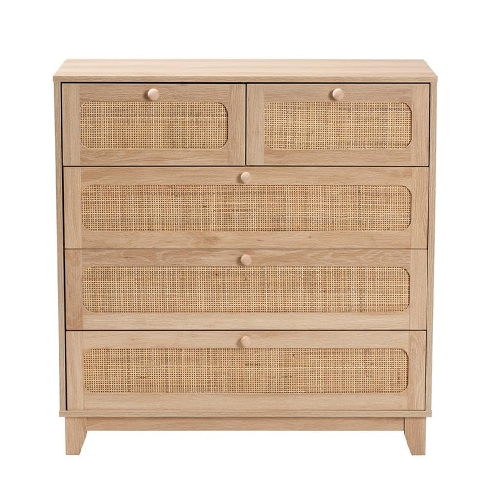 Baxton Studio Elsbeth Mid-Century Modern Oak Brown Finished Wood and Natural Rattan 5-Drawer Storage Cabinet