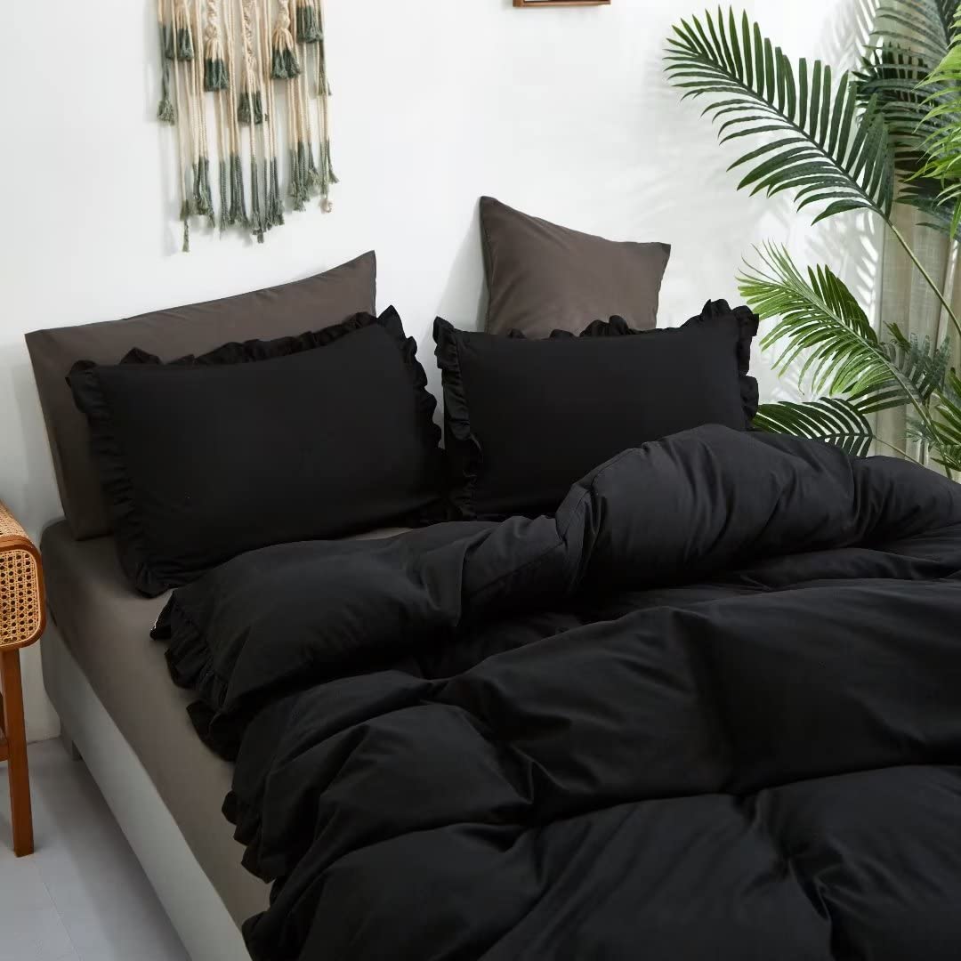 Clothknow Black Comforter Set Full Black Ruffle Bedding Comforter Sets Full Men Boys Women Comforter All Black Bedding Ruffle Comforter Farmhouse Comforter Shabby Chic Bedding