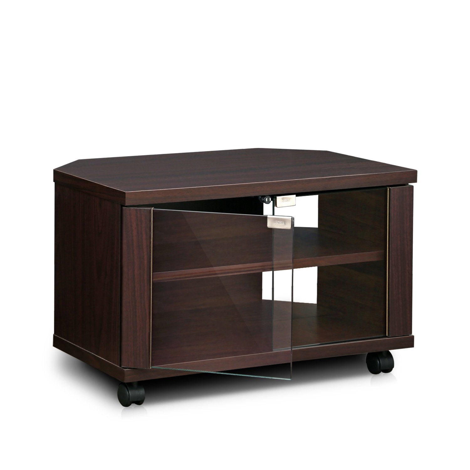 Furinno Indo 3-Tier Petite TV Stand with Glass Doors and Casters, Espresso