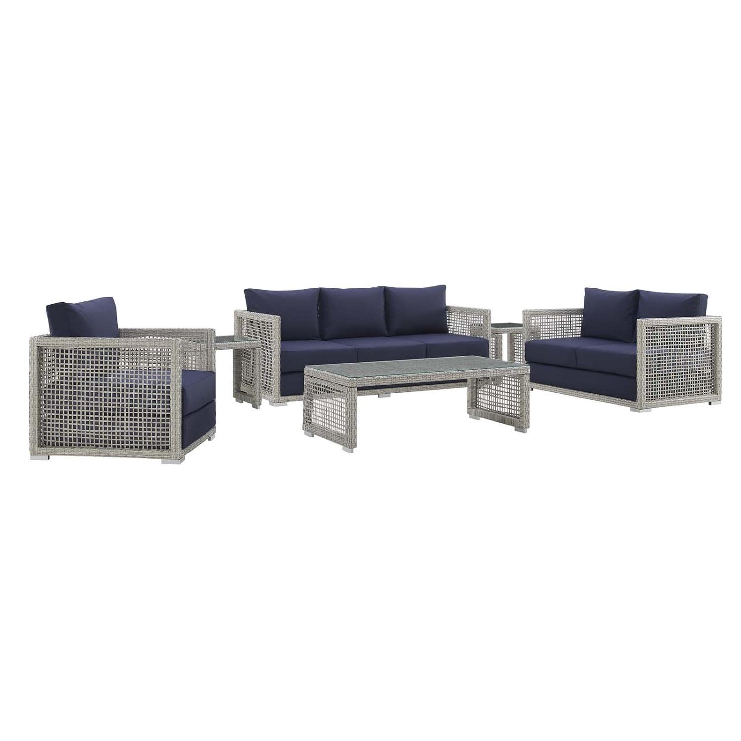 Modway Aura Outdoor Patio Wicker Rattan, 6 Piece Set, Gray Navy