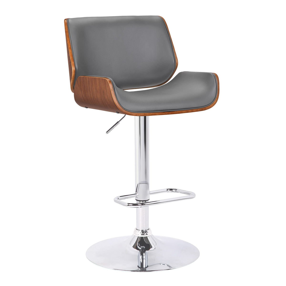 HomeRoots Walnut Veneer, Chrome, Faux Leather Gray Upholstered Chrome Base Adjustable Bar Stool