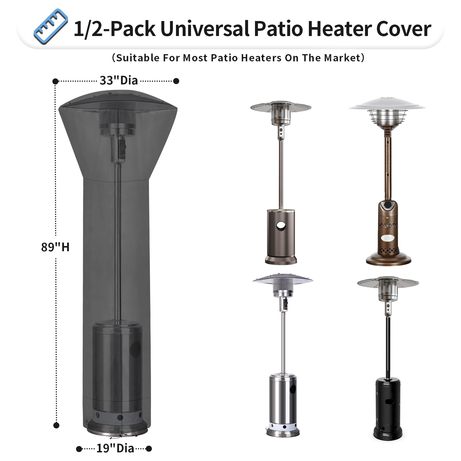 Outdoorlines Waterproof Outdoor Patio Heater Covers With Zipper And Storage Bag, Dust-Proof Uv-Resistant Windproof Propane Heavy Duty Heater Cover For Standing Heater, 1 Pack-89Hx33Dx19B Inch Black