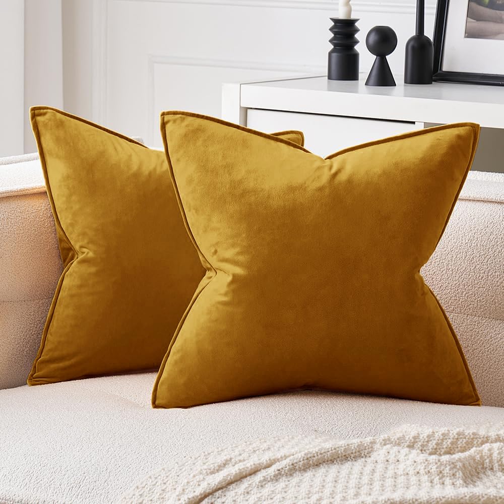 Miulee Pack Of 2 Mustard Yellow Decorative Velvet Throw Pillow Covers Soft Pillowcases Spring Solid Square Cushion Case For Sofa