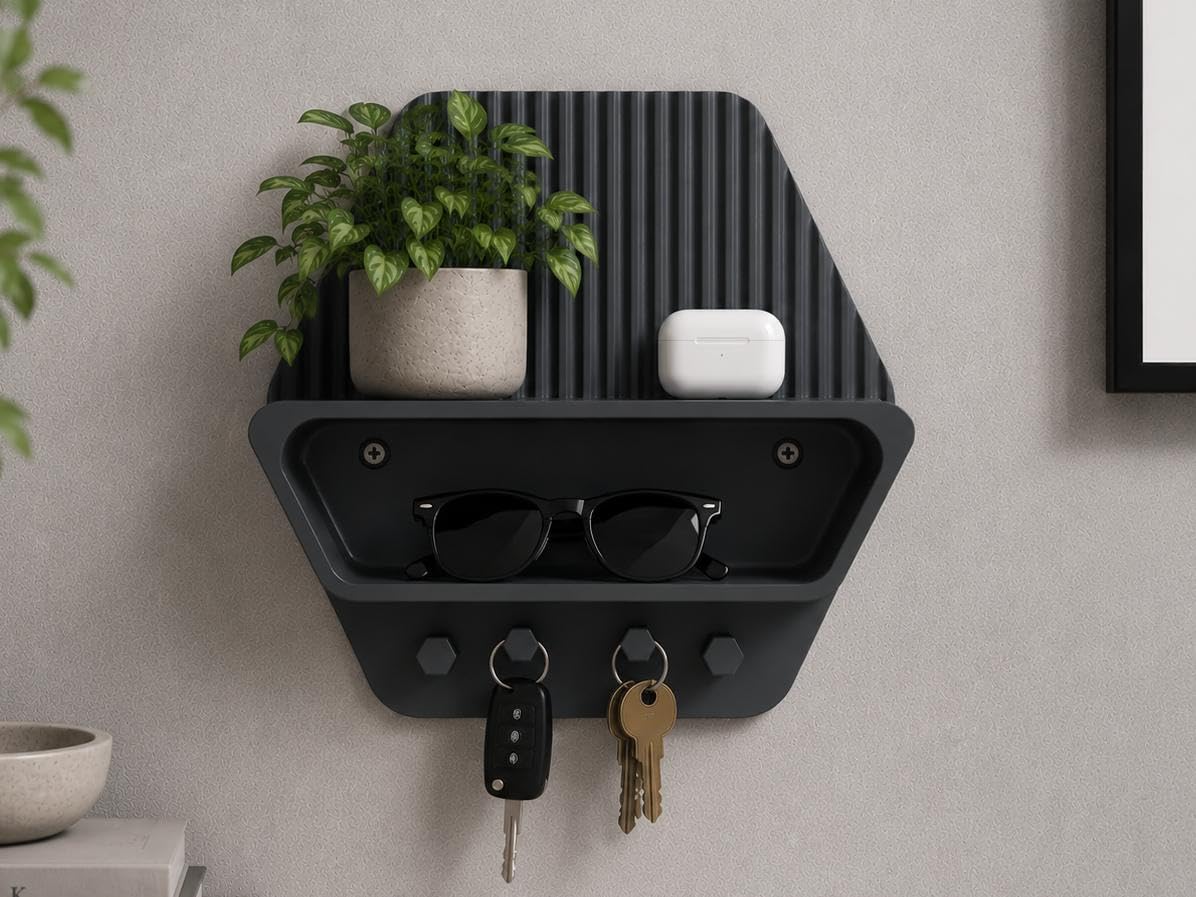 Hexagonal Wall Mounted Shelf With Key Hooks And Storage Tray, Dark Grey, Modern Entryway Organiser