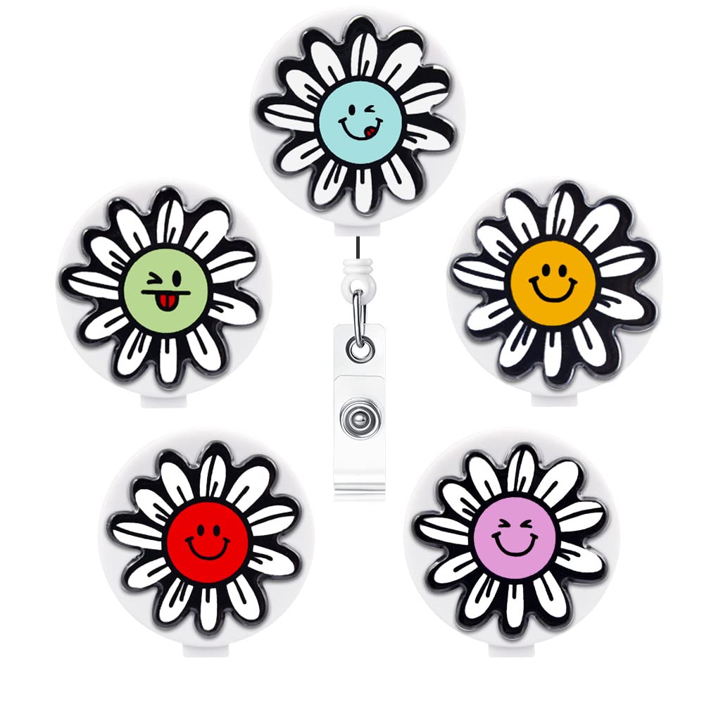 Qinsuee Graffiti Sunflower Retractable Badge Holder With Alligator Clip, 24 Inch Retractable Cord, Id Badge Reel, 5 Pack
