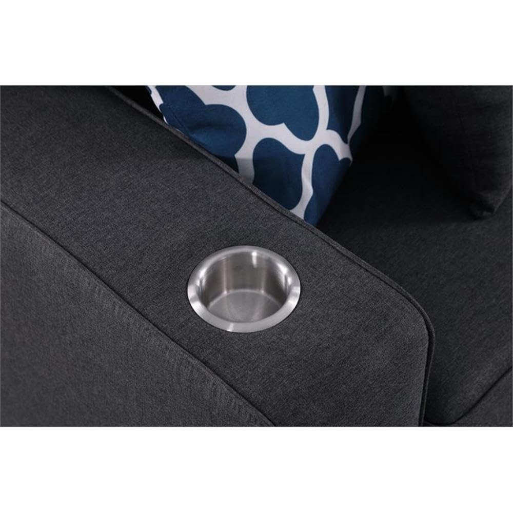 Lilola Home Cooper Dark Gray Linen 4-Seater Sofa with 2 Ottomans and Cupholder