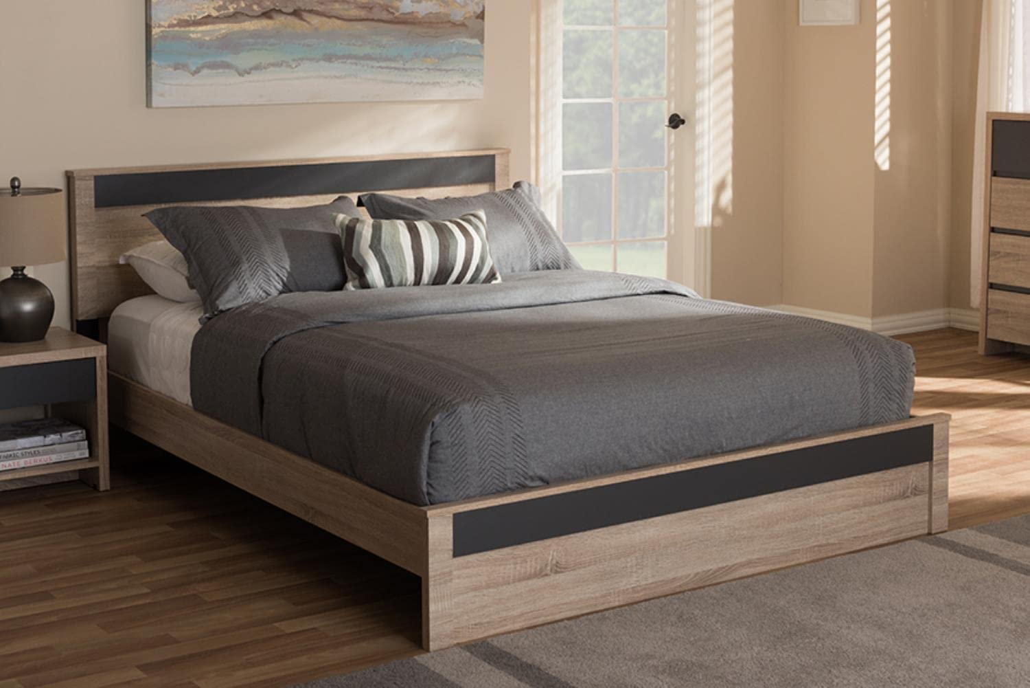 Baxton Studio Jamie Two-Tone Wood Queen Platform Bed In Oak And Dark Gray