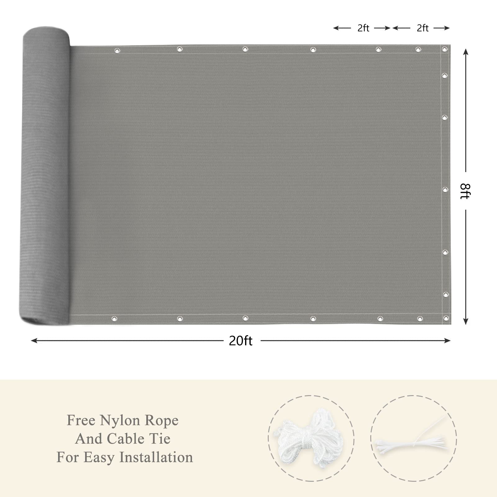 Abosun Outdoor Sun Shade Cloth, 8' X 20', Pergola, Deck, And Backyard Patio Sunshade With Uv Protection, Heat Resistant Hdpe Material, Reinforced Grommets (8X20 Ft, Grey)