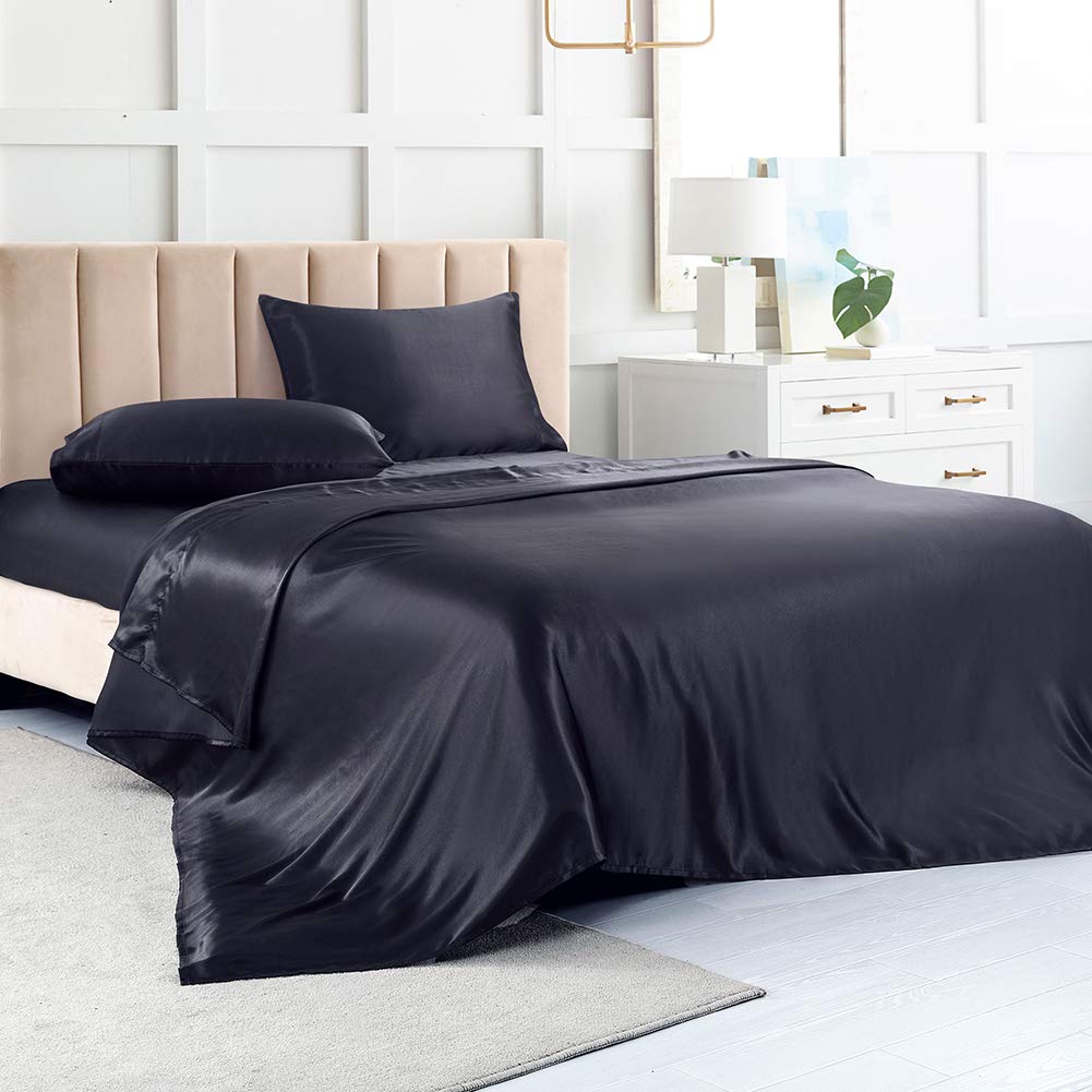 Satin Bed Sheets King Size Sheets, Black Silk Sheets, 4 - Pieces Soft Bedding Set With 1 Deep Pocket Fitted Sheet,1 Flat Sheet,2