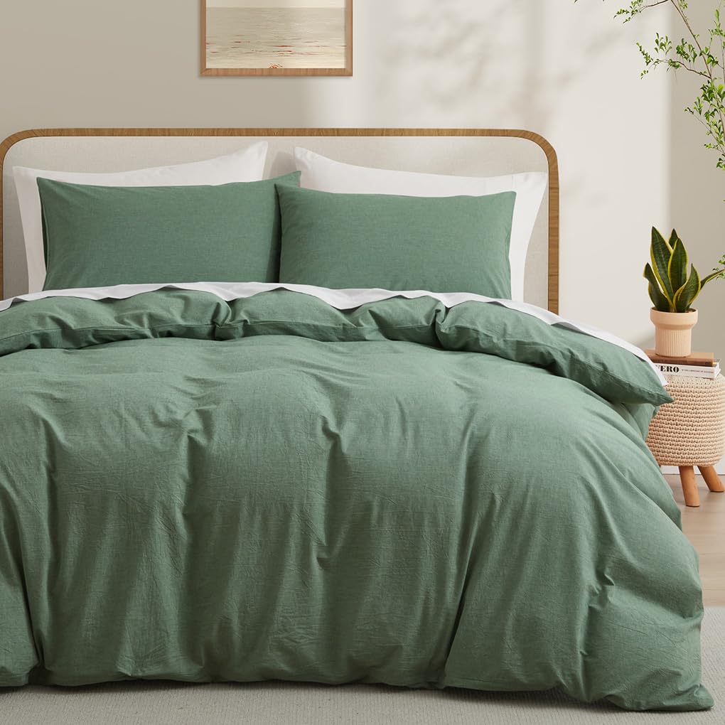 Lovque Duvet Cover Full Size, 100% Washed Cotton Linen Like Bedding Set With Zipper Closure (No Comforter), 80X90 Inches, Mint G