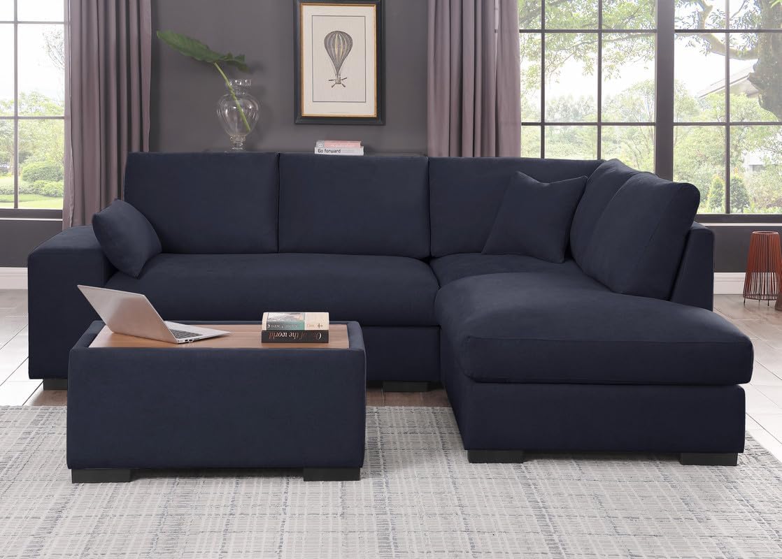 Joshua 100W Dark Gray Woven Fabric Sectional Sofa with Right Facing Chaise and Console Ottoman