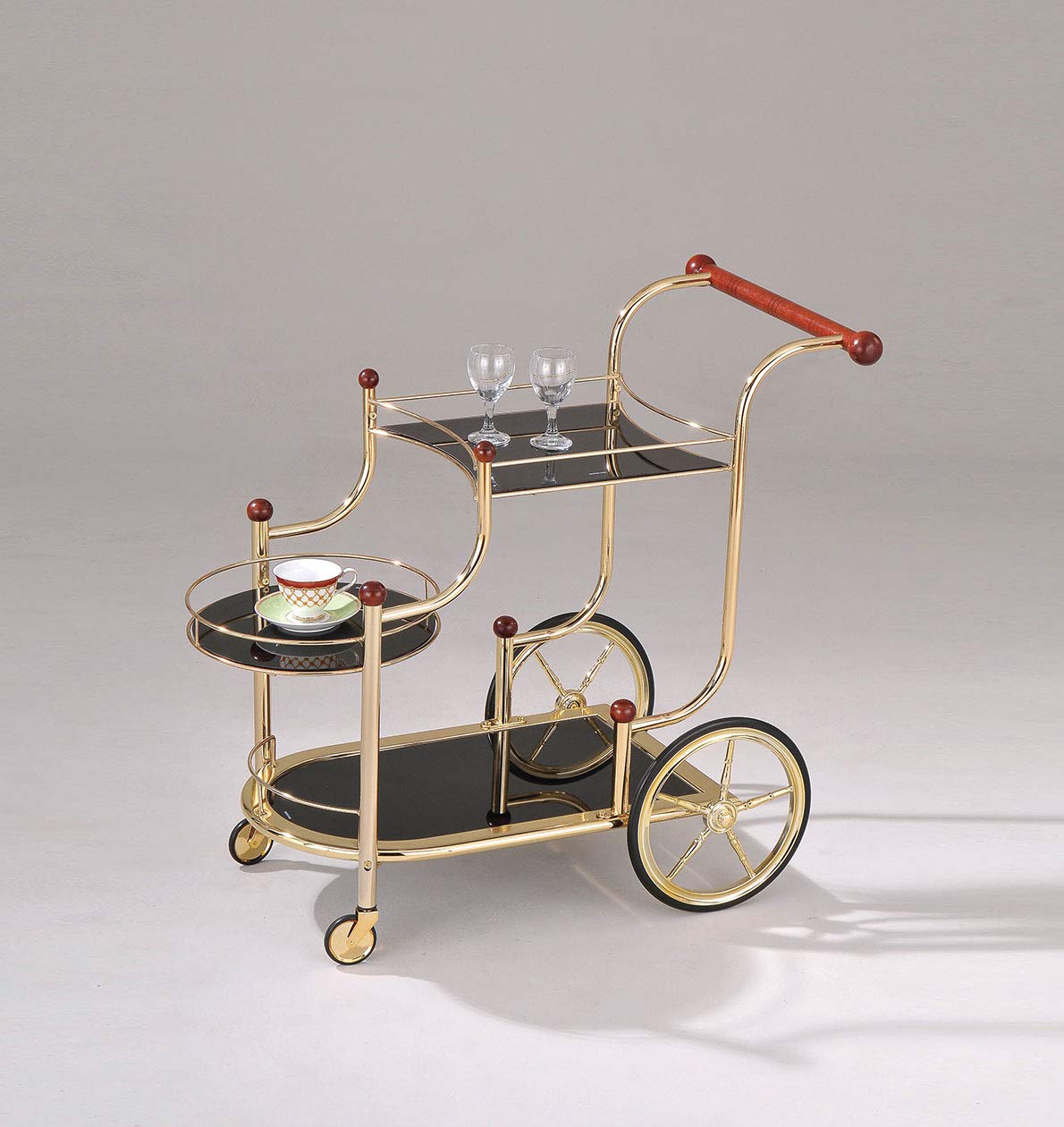 HomeRoots Golden Plated Black Metal Rolling Bar Cart, 3-Tier Black Glass Bar Serving Cart, 4 Wheels Tea Serving Bar Cart, Indoor Bar Cart For Home, Restaurant, Hotel 38' X 21' X 33'