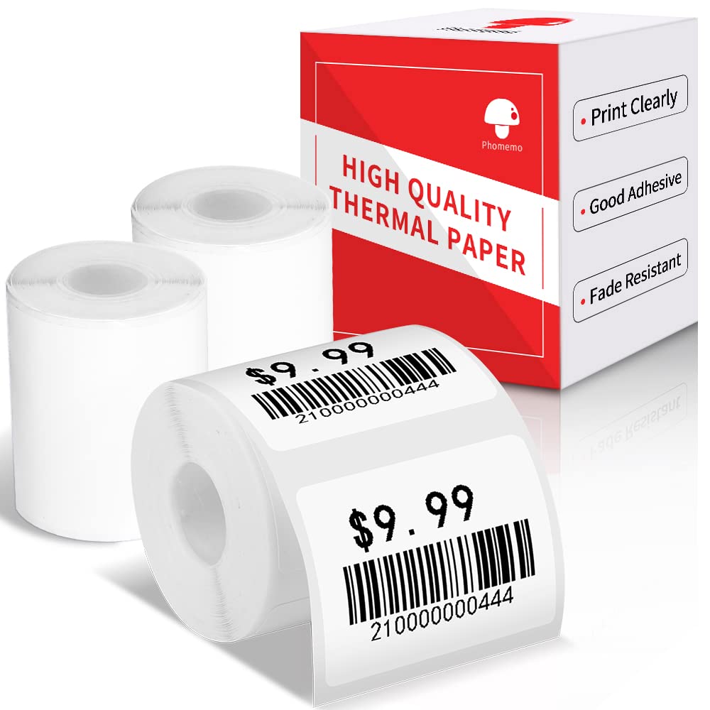3 Roll Phomemo M110 Label Paper For M110/M120/M200/M220/M221 Label Printer, White Square Self-Adhesive Thermal Paper, Phomemo Th