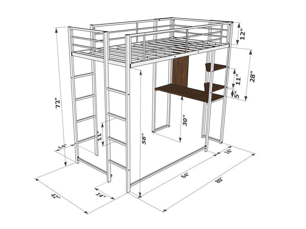 East West Furniture Butlblk Buckland Twin Loft Bed - One Metal Bed, A Table Top, 2 Book Shelves And 2 Ladder With 3 And 4 Steps And Guard Rails - Twin Loft Bed - Powder Coating Black Finish