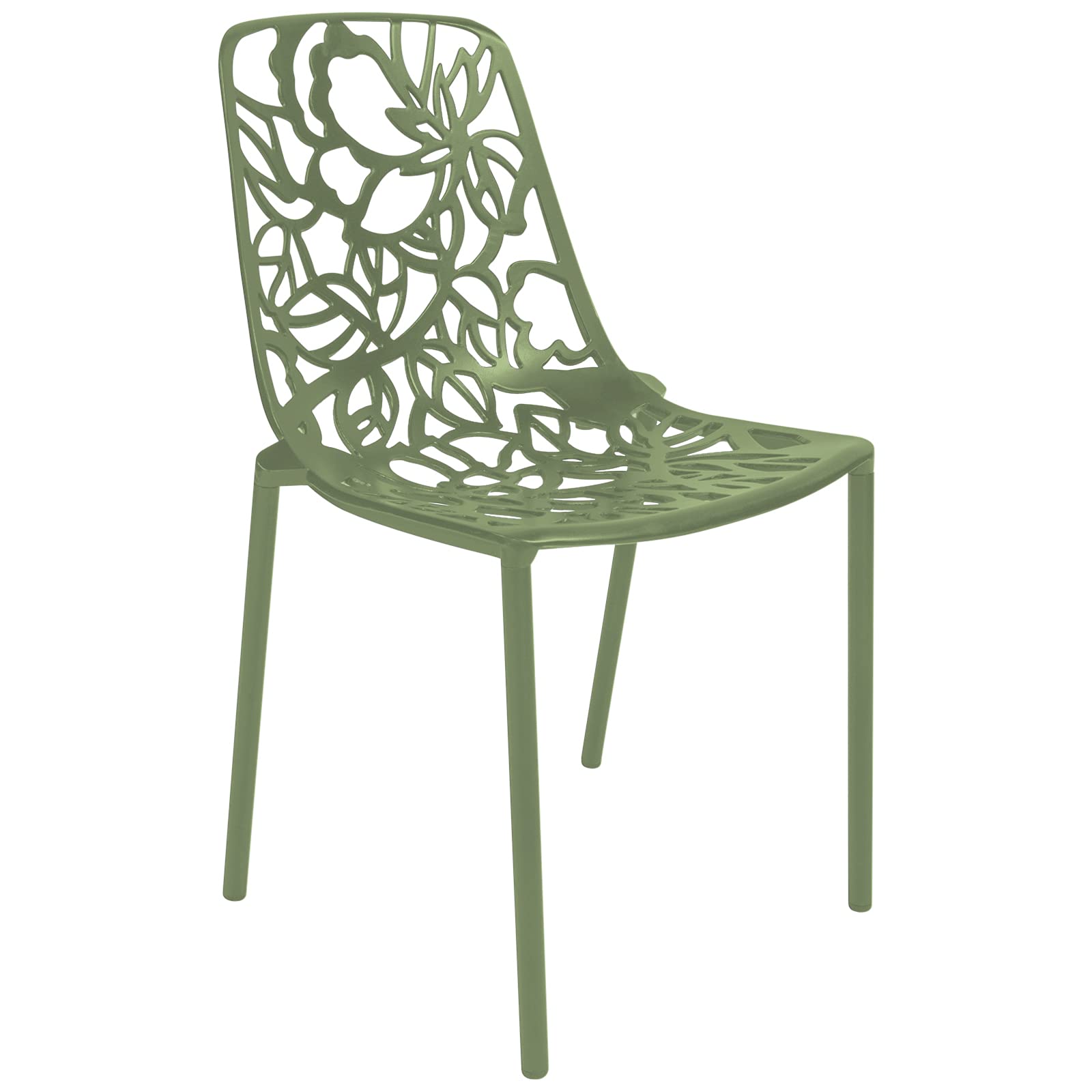 LeisureMod Aluminum Stackable Dining Chair with Floral Cutout Design, Khaki Green Patio Side Chair for Indoor and Outdoor Use