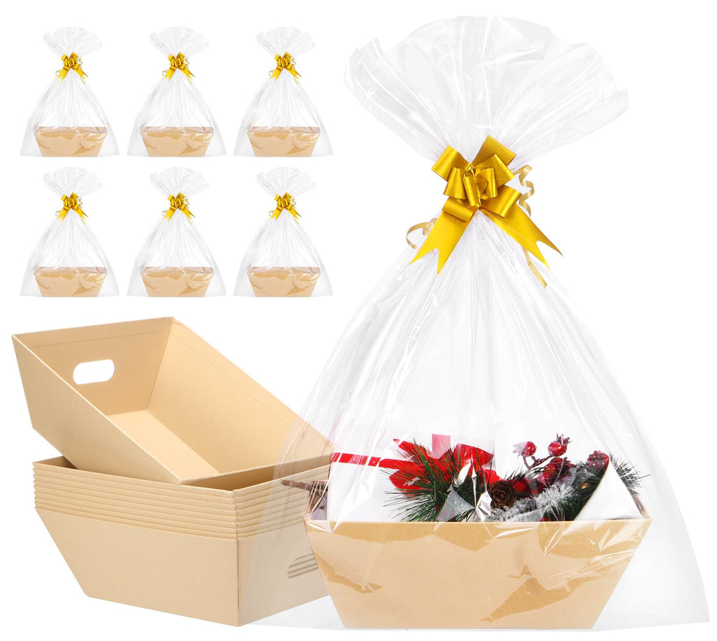AFOROEOA 10PACK Baskets For Gifts Empty, 10x12   Thick Kraft Gift Basket with 10 Bows 10 Bags Empty Gift Baskets for Christmas, 