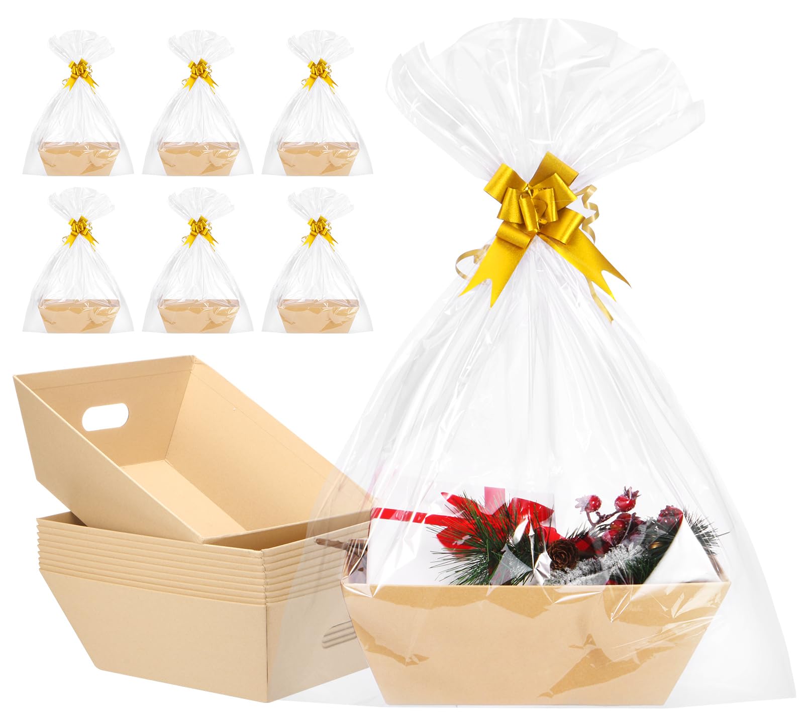 AFOROEOA 10PACK Baskets For Gifts Empty, 10x12   Thick Kraft Gift Basket with 10 Bows 10 Bags Empty Gift Baskets for Christmas, 