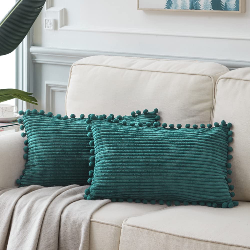 Fancy Homi Pack Of 2 Teal Decorative Throw Pillow Covers 12X20 Inch With Pom-Poms For Living Room Couch Sofa Bedroom, Soft Cordu