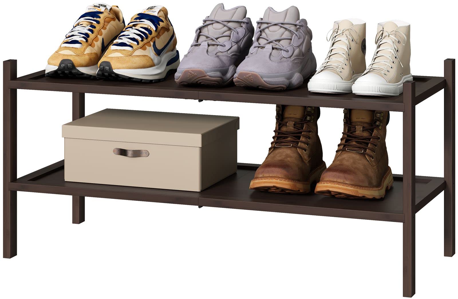 Kiplant Bamboo Shoe Rack For Entryway, 2-Tier Stackable | Foldable | Natural, Shoe Organizer For Hallway Closet, Free Standing Shoe Racks For Indoor Outdoor