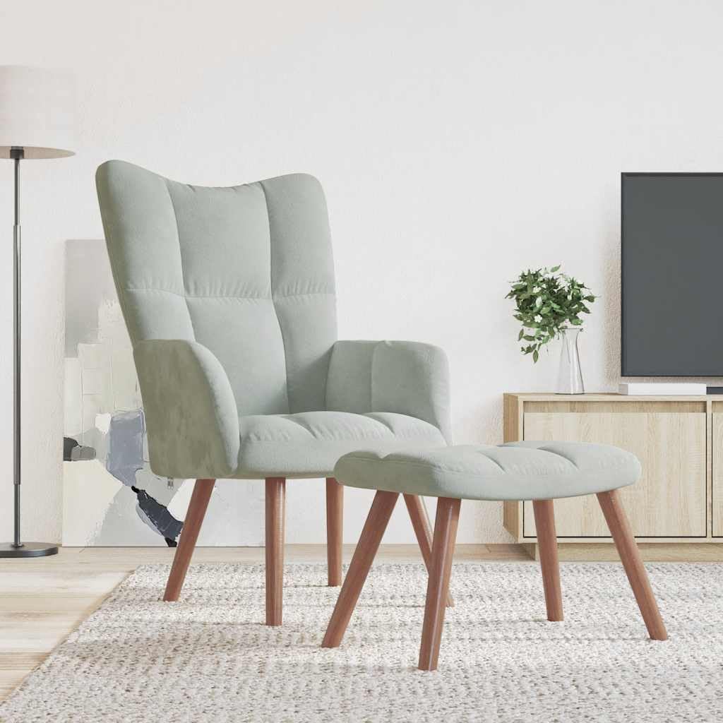 vidaXL Relaxing Chair and Stool Set - Light Gray Velvet Upholstery with Steel Frame and Solid Rubber Wood Legs - Modern Home Seating Furniture