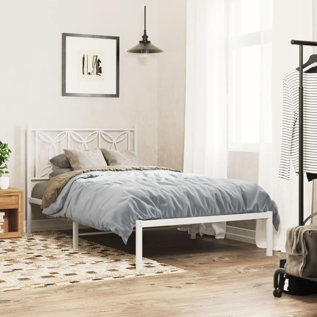 vidaXL White Metal Bed Frame with Headboard – Single Bed Frame with Storage Space, Steel Slats and Legs, 81.5 x 41.3 x 35.4