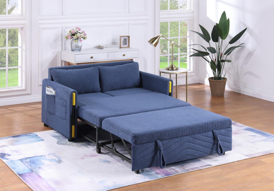 Lilola Home Percy 55.5&quot; W Navy Teddy Velvet Sleeper Loveseat With Dual-Pull Sleeper Design