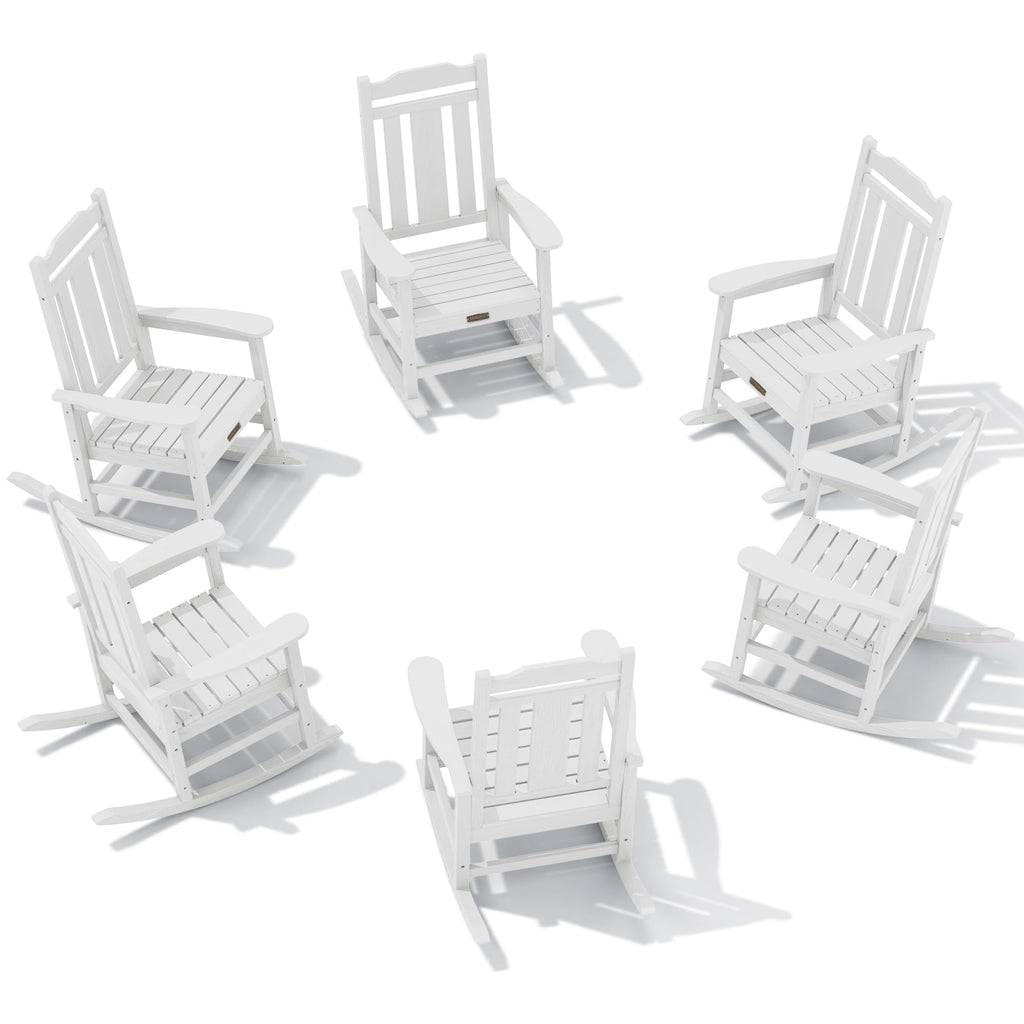 Serwall Outdoor Rocking Chair White Set Of 6, All Weather Patio Rocking Chair, Hdpe Poly Rocking Chair For Adults, Heavy Duty Front Porch Rocker