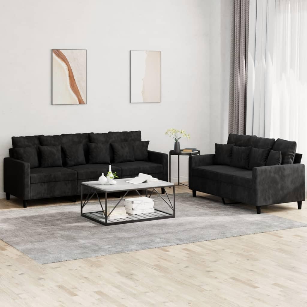 vidaXL Black Velvet Sofa Set with Cushions – Spacious 2-Seater and 3-Seater for Lounge, Living Room or Office
