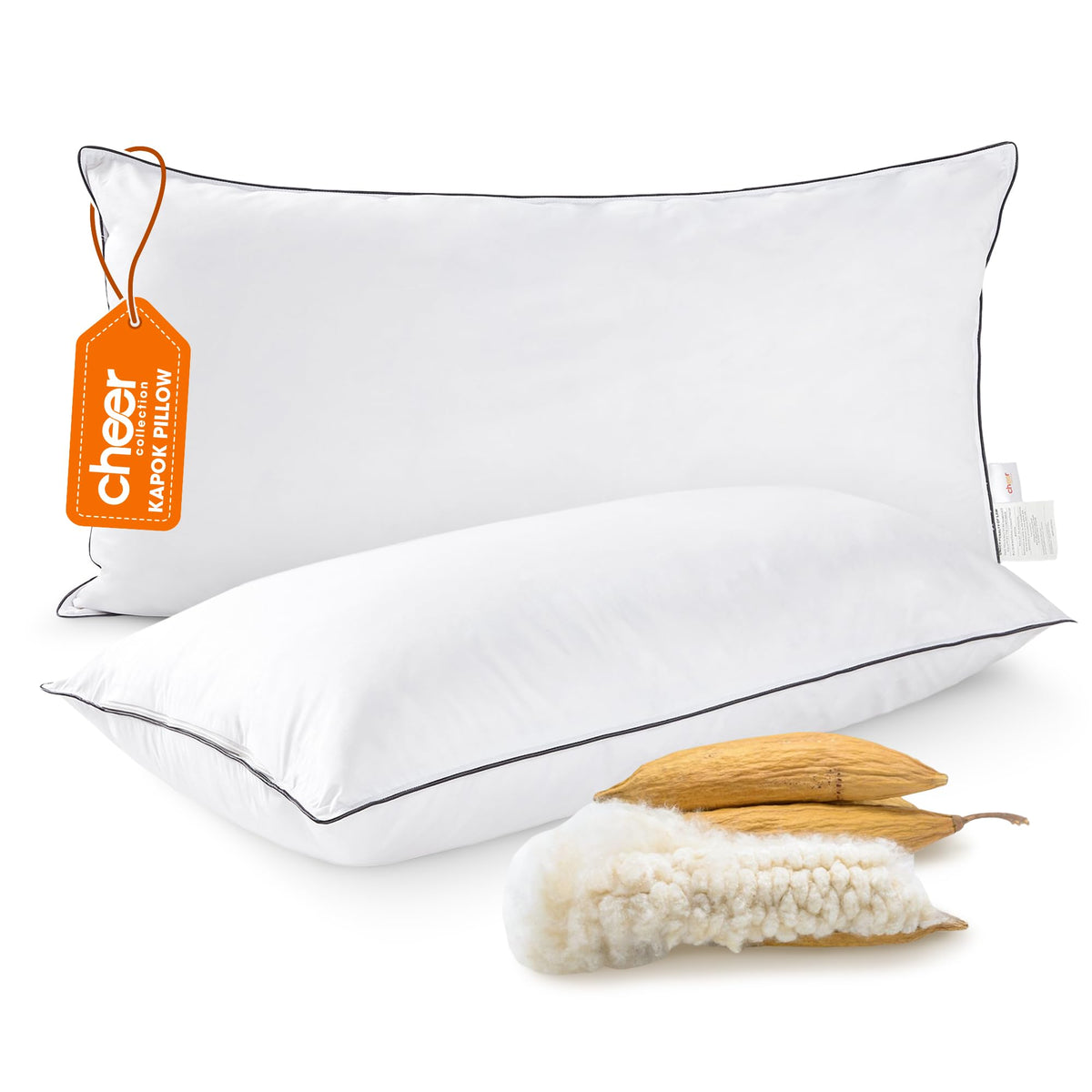 Cheer Collection Set Of 2 Organic Kapok Bed Pillows, Natural Kapok Fiber Filled Sleeping Pillows And Sham Inserts, Standard Size