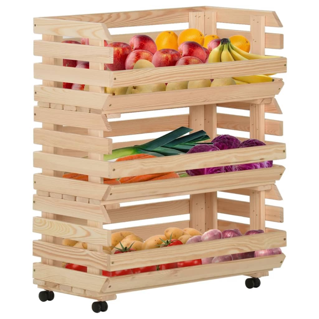 vidaXL Vegetable Trolley with Rolling Casters, Versatile Kitchen Storage Cart, Solid Pinewood Construction, 3-Compartment Design, Detachable Shelves, Easy Assembly, Brown, 30.3&quot;x11.8&quot;x31.5&quot;