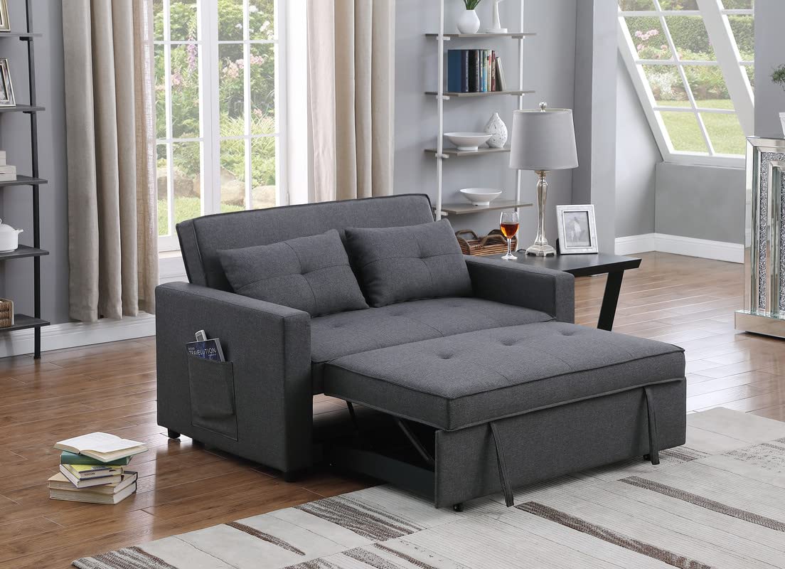 Lilola Home Zoey Dark Gray Linen Convertible Sleeper Loveseat with Side Pocket